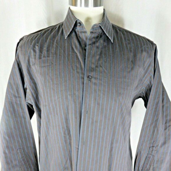 Ben Sherman Brown Blue Striped Button Front L Shirt 16.5 32-33 Long Sleeved - Picture 1 of 5